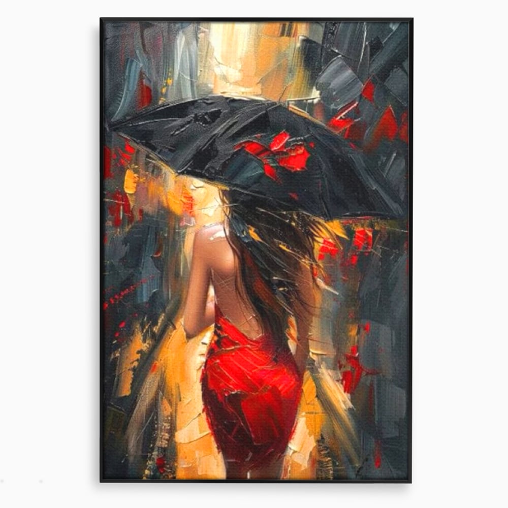 Tablou canvas cu pictura cu femeie si umbrela rosie, in rama de aluminiu negru